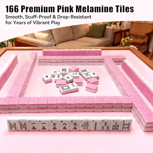 American Mahjong Tiles Set, 166 Pink Mahjong Tiles 1.2 Inch with Carrying Bag and 3 Dice, Portable American Mahjong Game for Travel, Family Game Night - color: Pink