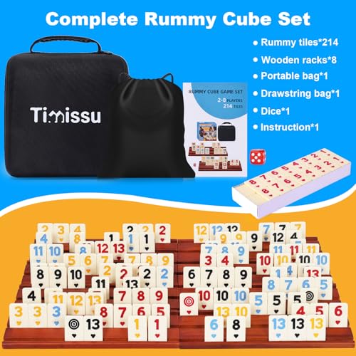 Rummy Cube 6-8 Players with 8 Wooden Racks 214 Large Number Rummy Tiles Travel Size Rummy Cube Game with Case 8 Players Travel Game Set for Fun Family Board Games - style: 214 Tiles+8 Racks