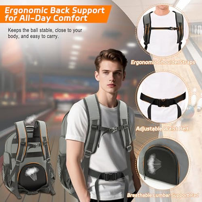 Bowling Ball Backpack with Shoe Compartment, Single Ball Bag for Men & Women, Protective Ball Holder & Ventilated Shoe Storage, Multi-Pocket Bowling Gear Bag for League & Casual Bowlers - color: Charcoal Grey