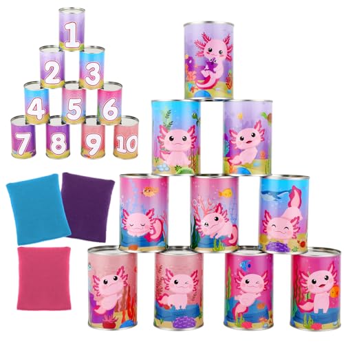 13 Pcs Axolotl Bean Bag Toss Game for Carnival Party, with 10 Tin Cans and 3 Bean Bags, Pink Cartoon Family Party Game for Birthday Festival Indoors Outdoors Activities Supplies