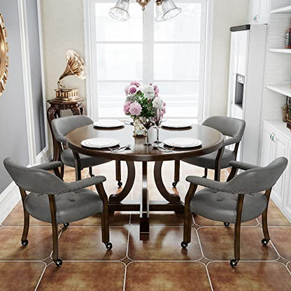 Set of 4 Dining Leather Chairs with Casters & Arms, Accent Captain Chair with Wheels, Roller Wood Wheeled Chairs for Kitchen & Game Poker Table,Espresso&Charcoal Gray 1910DG(NO Table!) - color: Espresso&charcoal Gray