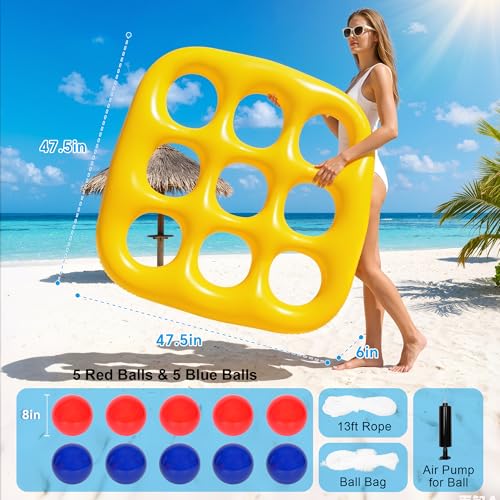 Pool Toys Games Set- Tic-Tac-Toe Inflatable PoolToy with 10 Balls Fun Summer Pool Party Beach Lawn Camping Party Float Game Water Ball Toys for AdultsTeens Kids 2-10 Players - color: Yellow