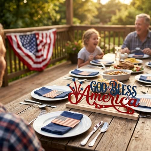 God Bless America Patriotic Decorations Metal Table Sign 4th of July Table Decor Independence Day Tabletop Centerpiece Memorial Day Farmhouse Tiered Tray Decor for Home Mantel Office - style: God Bless America