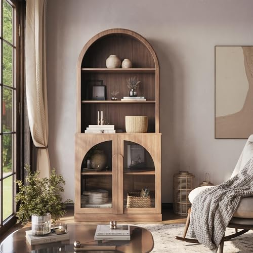 BELLEZE Arched Bookshelf with Glass Doors, 71" Tall Wood Display Cabinet with Adjustable Shelf and Hutch, 5 Tier Modern Bookcase Shelf with Storage for Living Room Office, Camel - color: Bijou Camel D, size: 1