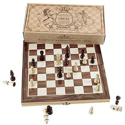 Amerous Chess Set, 12"x12" Folding Wooden Standard Travel International Chess Board Game Set with Magnetic Crafted Pieces For 2 Players