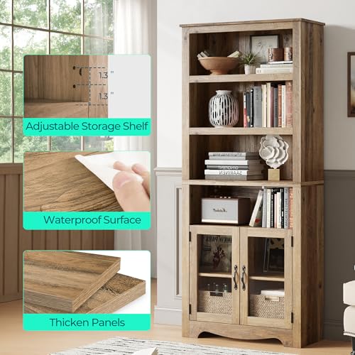 LINSY Bookshelf with Doors, 6 Shelf Bookcase Tall Bookshelves, 73" Farmhouse Book Shelf with Storage Cabinet, Wood Book Shelves for Living Room, Bedroom, Office, Rustic Brown - color: Brown