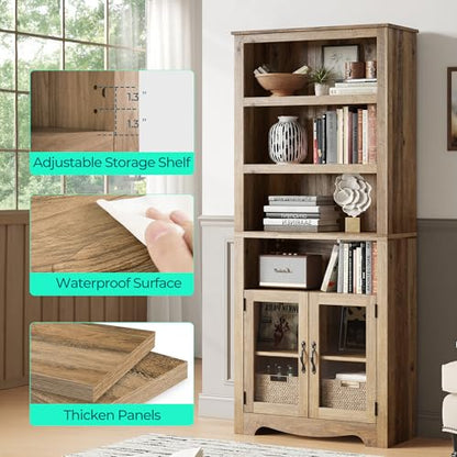 LINSY Bookshelf with Doors, 6 Shelf Bookcase Tall Bookshelves, 73" Farmhouse Book Shelf with Storage Cabinet, Wood Book Shelves for Living Room, Bedroom, Office, Rustic Brown - color: Brown