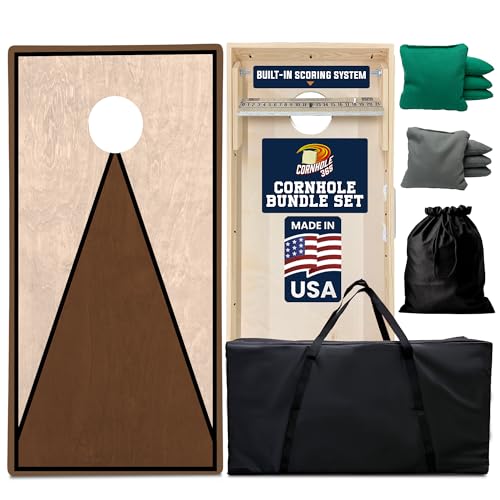 Cornhole365 Complete Cornhole Board Set - Includes Solid Wood Cornhole Board, 8 All-Weather Cornhole Bags, Portable Carrying Case & String Tote Bag Outdoor Game Bundle - color: Stained Triangle