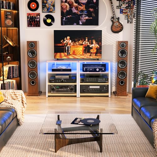 Besiost AV Media Stand with Outlets, Media Console with LED Lights, Stereo Racks and Stands with Storage Shelves, Media Audio Tower Cabinet, Natural Oak and White - color: Natural Oak and White
