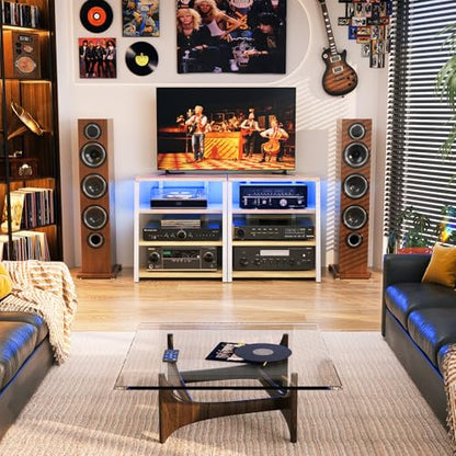 Besiost AV Media Stand with Outlets, Media Console with LED Lights, Stereo Racks and Stands with Storage Shelves, Media Audio Tower Cabinet, Natural Oak and White - color: Natural Oak and White