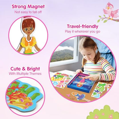 Mocoosy Magnetic Dress Up Dolls for Girls, Princess Mermaid Fairy Ballerina Magnet Doll Playset, Travel Game Airplane Car Road Trip Activity Essential Toy Birthday Gift for Toddler Girl Age 3 4 5 6 7