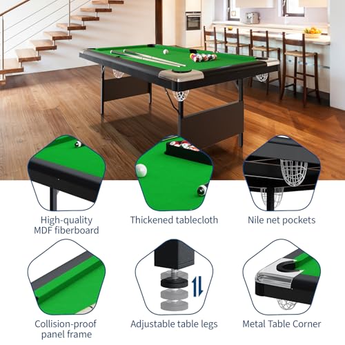7FT Space-Saving Folding Pool Table for Adults & Kids Green Felt, Complete Accessory Set, Easy to Store – Portable Billiards Table for Game Rooms and Arcades