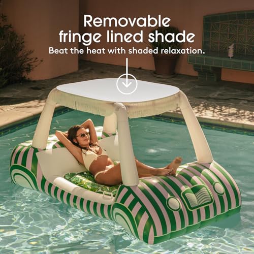 FUNBOY Giant Inflatable Luxury Golf Cart Pool Float, Two Cup Holders, Removable Fringe Shade, Float for Summer Pool Party and Entertainment - color: Palm