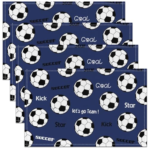 Boy Soccer Placemats Set of 4,Kids Football Table Mats,Ball Sports Gaming Placemat for Kitchen Dining Table Modern Navy Blue Dining Table Decor,18"x12" - color: Soccer Navy Blue