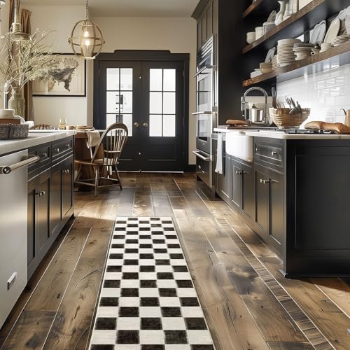 EverGrace Checkered Plaid Area Rug 2x8, Soft Fuzzy Faux Wool Rugs Washable Anti Slip Rugs Long Runner Rug Carpet for Entryway Bedroom Living Room Hallway Kitchen Dining Room and Laundry Room, Black - color: Black, size: 2' x 8' (Runner)