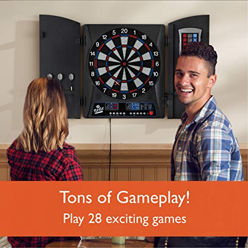 Fat Cat Mercury Electronic Soft Tip Dartboard with Cabinet, 13.5 in Target, 28 Games, 6 Darts Included, Black