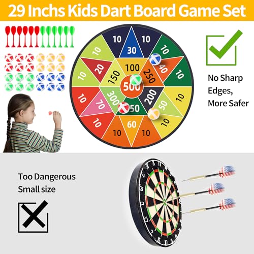 29" Large Dart Board for Kids,with 24 Sticky Balls+12 Sticky Darts,Indoor/Sport Outdoor Fun Party Play Game Toys,Birthday for 3 4 5 6 7 8 9 10 11 12 Year Old Boys Christmas Girls - style: 29in-2in1-2in1-100+500 Scores Target With 24 balls 12 darts