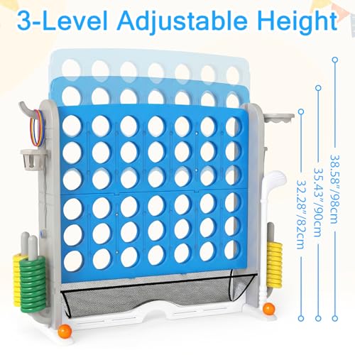 OLAKIDS Giant Connect Game Outdoor, 4 in A Row with Adjustable Height, Mesh Net, Carry Bag, Golf, Basketball Hoop, Ring Toss, Cup Holder for Kids Adults Indoor Backyard (Blue) - color: Blue