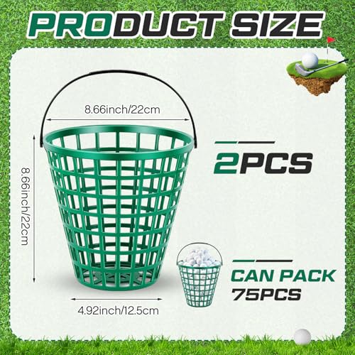 Halloscume 2 Pcs Golf Ball Basket, Small/Large Can Hold 50/75/100 Balls Golf Container with Handle Holder Contain Stadium Accessories Storage Bucket for Sport Practice (8.7 x 8.7 Inch,Green) - size: 8.7 x 8.7 Inch