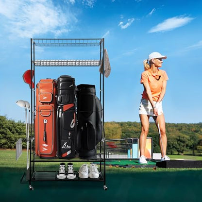 SmarketBuy Golf Bag Storage Organizer for Garage – 3 Golf Bags Rack with Wheels, Heavy Duty Steel Golf Equipment Storage Stand with Club Display Shelf & 4 Hooks, 300 lbs Capacity