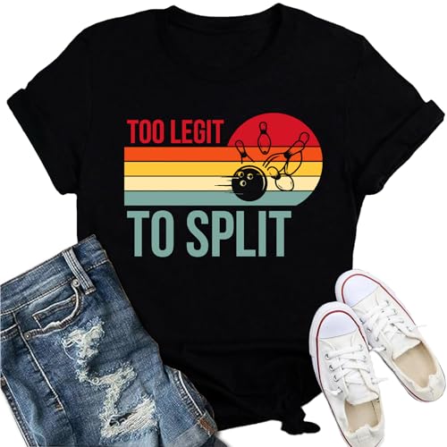 Bowling Shirts for Women Too Legit to Split T-Shirt Retro Sunset Bowler Bowling League Team Tee - color: Black, size: Medium