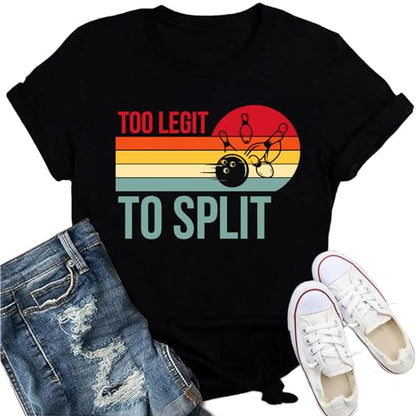 Bowling Shirts for Women Too Legit to Split T-Shirt Retro Sunset Bowler Bowling League Team Tee - color: Black, size: Medium