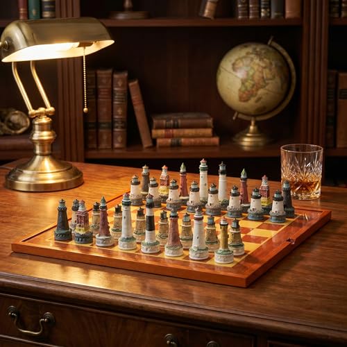 Lighthouse Themed Collectible Chess Set with Wooden Storage Board, Complete 32 Piece Hand Painted Resin Lighthouse Chess Pieces, Nautical Coastal Decor Chess Board Game Set for Adults Gift