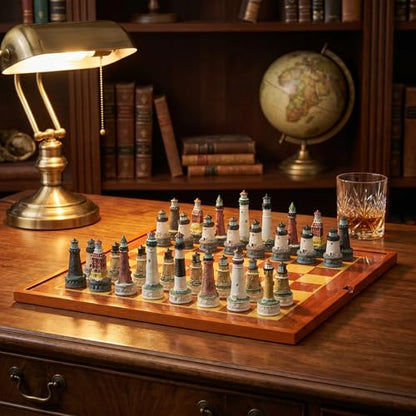 Lighthouse Themed Collectible Chess Set with Wooden Storage Board, Complete 32 Piece Hand Painted Resin Lighthouse Chess Pieces, Nautical Coastal Decor Chess Board Game Set for Adults Gift