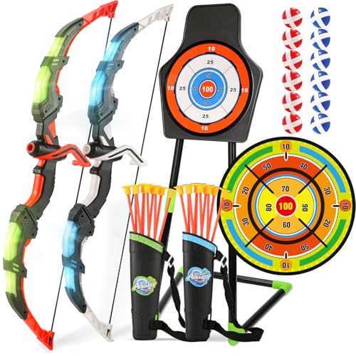 Bow and Arrow Set for Kids, 2 Pack LED Light Up Archery Set with 20 Suction Cup Arrows, Indoor and Outdoor Toy for Boys Girls Age 4-8 8-12 with Standing Target&2 Quivers, Birthday Gift 3-12 Years Old - color: Light Blue&Green