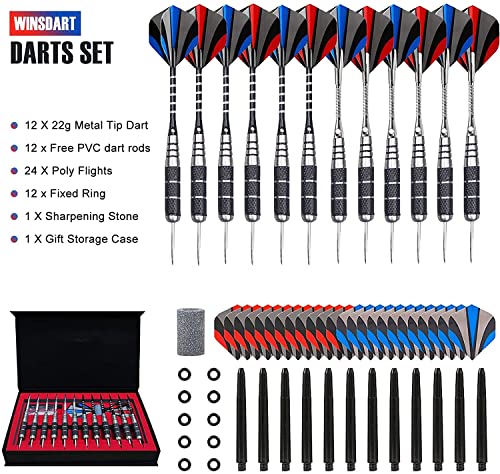 WINSDART Darts Metal Tip Set Professional Metal Darts for Dartboard Steel Tip Darts with Nonslip Iron Barrel Aluminum Dart Shafts,Extra Flights,Dart Sharpener,Gift Box - style: Solid Laser Darts Set