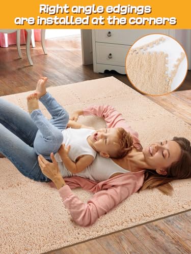 12 pcs Thickened Plush Foam Interlocking Floor Mat, Interlocking Foam Tiles with Edgings for Kids, Soft Anti-Slip Puzzle Area Square Rug Playmat for Children Room Bedroom(11.8", Light Brown) - color: Light Brown