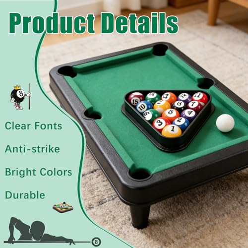 CEYAZYE 16Pcs 25mm/0.98in Mini Billiard Balls Set with Triangle Ball Rack | Small Tabletop Pool Table Balls, Resin Children Pool Ball for Kid's Table, Indoor Game Toy, Travel & Family Fun