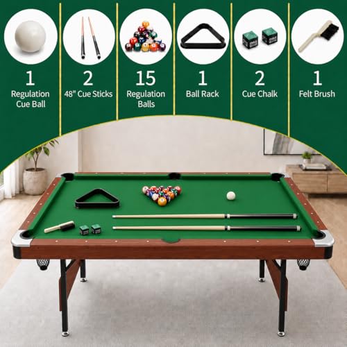 63.8 Inch Foldable Pool Table, No Assembly, Steel Folding Legs, 4-Point Leveling Feet, Complete Set — 16 Balls, Triangle, Chalk, Felt Brush - color: Green Felt+Wood Color Frame