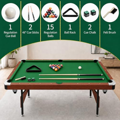 63.8 Inch Foldable Pool Table, No Assembly, Steel Folding Legs, 4-Point Leveling Feet, Complete Set — 16 Balls, Triangle, Chalk, Felt Brush - color: Green Felt+Wood Color Frame