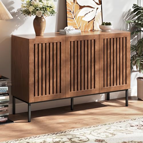 BVIUNTWO Modern Storage Cabinet with Slatted Doors,Sideboard Buffet Cabinet with Adjustable Shelf and Metal Legs for Kitchen,Dining Room,Living Room,47 Inch, Brown - size: 47 Inch