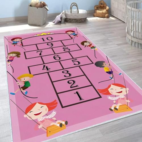 Kids Hopscotch Rug, Learn Fun Mat, Children's Room gamingroom Indoor Outdoor Carpet(Pink, 63x90 in) - color: Pink, size: 63x91IN / 160*230cm