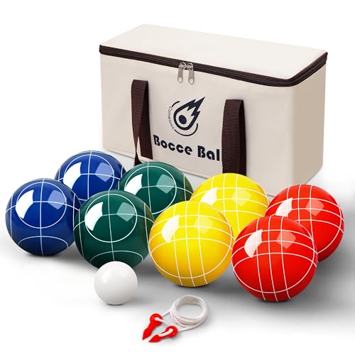Bocce Ball Set 107mm/, Regulation Size & Weight, 8 Resin Bochi Balls with Pallino, Carrying Bag, Measuring Rope, Outdoor Sports Backyard Lawn Court Game Gift for Family & Beach (2-8 Players) - size: 100mm