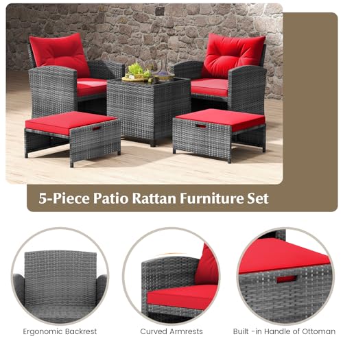 Tangkula 5 Pieces Patio Conversation Set, PE Wicker Rattan Outdoor Furniture Set with 2 Chairs, 2 Ottomans & Tempered Glass Coffee Table, Ideal for Poolside, Backyard, Lawn, Deck, Mix Grey & Red - color: Mix Grey & Red