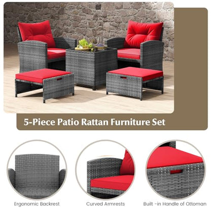 Tangkula 5 Pieces Patio Conversation Set, PE Wicker Rattan Outdoor Furniture Set with 2 Chairs, 2 Ottomans & Tempered Glass Coffee Table, Ideal for Poolside, Backyard, Lawn, Deck, Mix Grey & Red - color: Mix Grey & Red