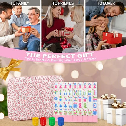 Jolitac American Mahjong Game Set, 166 Premium Tiles, 1.2-inch Mahjong Tile Set with Sturdy Carrying Bag, Thickened Mah-Jongg Tiles Bag Portable Travel Complete Mahjong Set - color: Pink