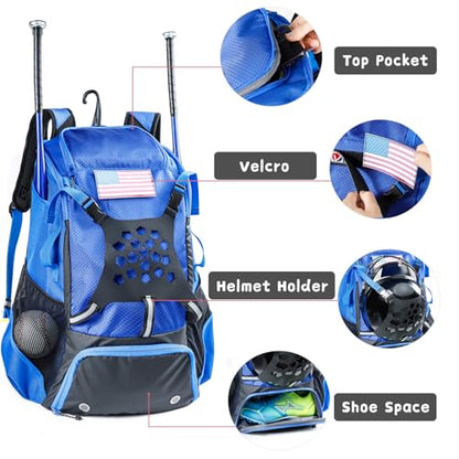 Baseball Backpack for Youth, Boys, Adults - Bat and Softball Equipment Bag With Glove Holder, Helmet, Shoes Compartment - T-Ball Accessories and Baseball Gifts - color: Blue-42L