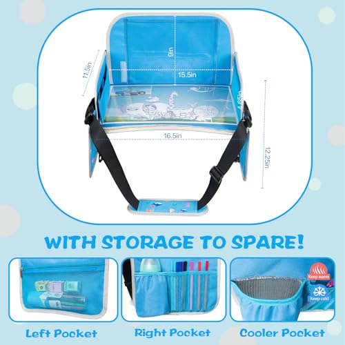 MENZOKE Kids Travel Tray, Car Seat Tray for Kids Travel, Toddler Essentials Girls with Tablet Holder, Road Trip Essentials with Cooler Cup Holder, Dry Erase Board & Storage Pocket for Airplane, Blue - color: Blue Aquarium