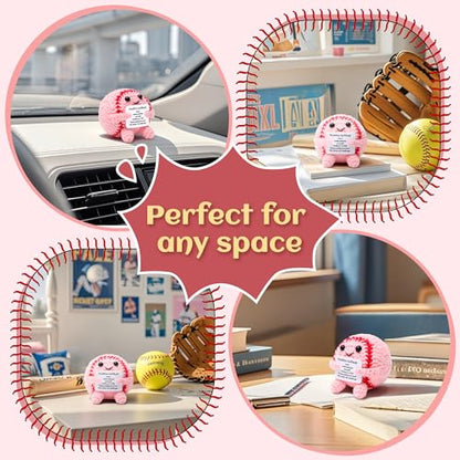Mini Funny Positive Pink Softball Gifts for Girls, Knitted Wool Softball Crochet Toy with Positive Card, Cute Emotional Support Cheer Up Keepsake Gift for Kids Girls Women Friends Sister College - style: Softball