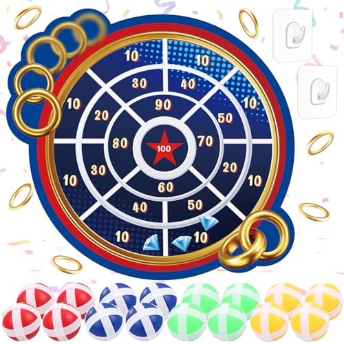 RoundFunny 27.5'' Large Dart Board for Adults Blue and Golden Rings Dart Board with Sticky Balls Indoor Outdoor Funny Party Game Birthday Gifts