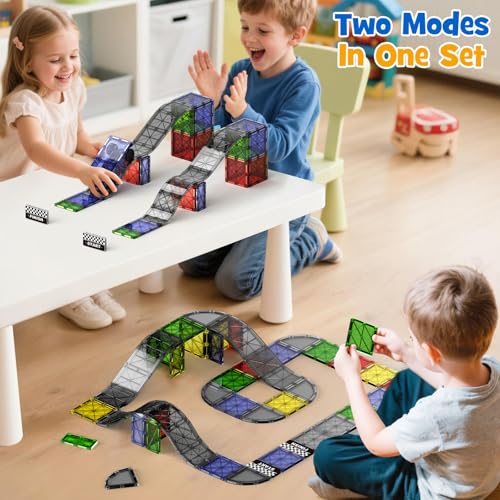 WMXDU 2-in-1 Dynamic Magnetic Downhill & Race Track Set - 40PCS Expandable Magnetic Tiles with Car for Creative STEM Play The Ultimate Travel Toy & Gift for Kids Ages 3-8 (40pcs-Race Set) - style: 40pcs-Race Set