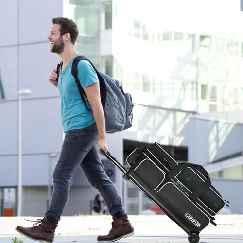 LARIPOP 3 Ball Bowling Bag with Wheels and Shoe Compartment, Rolling Bowling Bag for 3 Balls, Heavy Duty Bowling Roller Bag with Retractable Handle for Men Women - color: Black