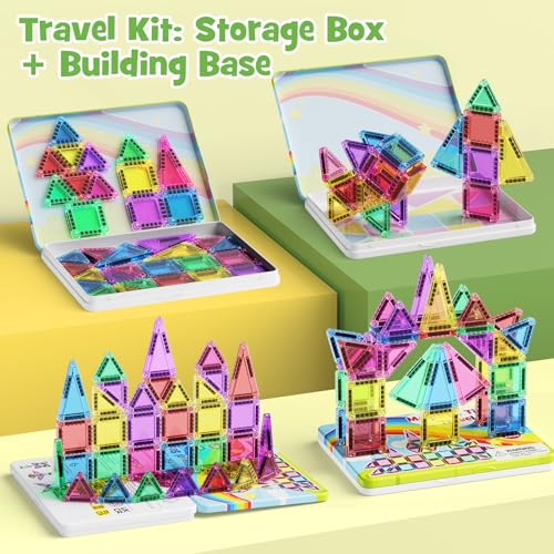 Magnetic Tiles Travel Toys for Kids 4-8, 42PCS Candy Color STEM Building Blocks with Visual Storage Guide & Metal Case, Airplane Activities & Toddler Travel Essentials Ages 3-5 - style: Magnetic Tiles Travel Construction Set - 42PCS