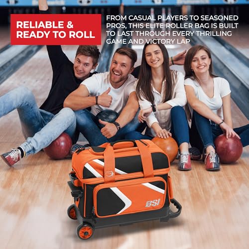 BSI Dash Roller Bowling Bag with Smooth Rolling Wheels, Padded Ball Compartment, Retractable Locking Handle, & Shoe Pocket - color: Black/Orange/White, style: Double
