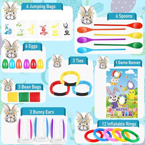 JellyArch 34 Pcs Easter Outdoor Toss Party Games Includes Potato Sack Race Jumping Bags Egg Spoon Race Inflatable Bunny Ring Toss Games Bean Bags Legged Race Bands Game Banner for Easter Hunt Party