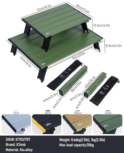 iClimb Ultralight Compact Mini Beach Picnic Folding Alu. Table with Carry Bag, Two Size (Green, L) - color: Green, size: Large